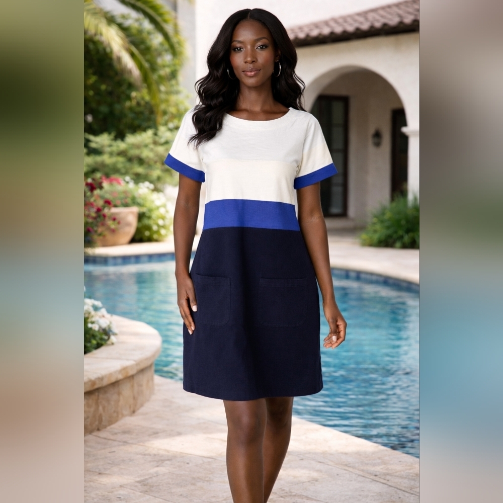 J. Crew Color Block Striped Navy and White Cotton Dress